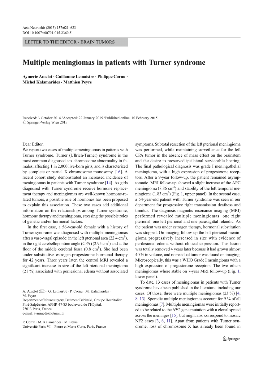 Pdf Multiple Meningiomas In Patients With Turner Syndrome