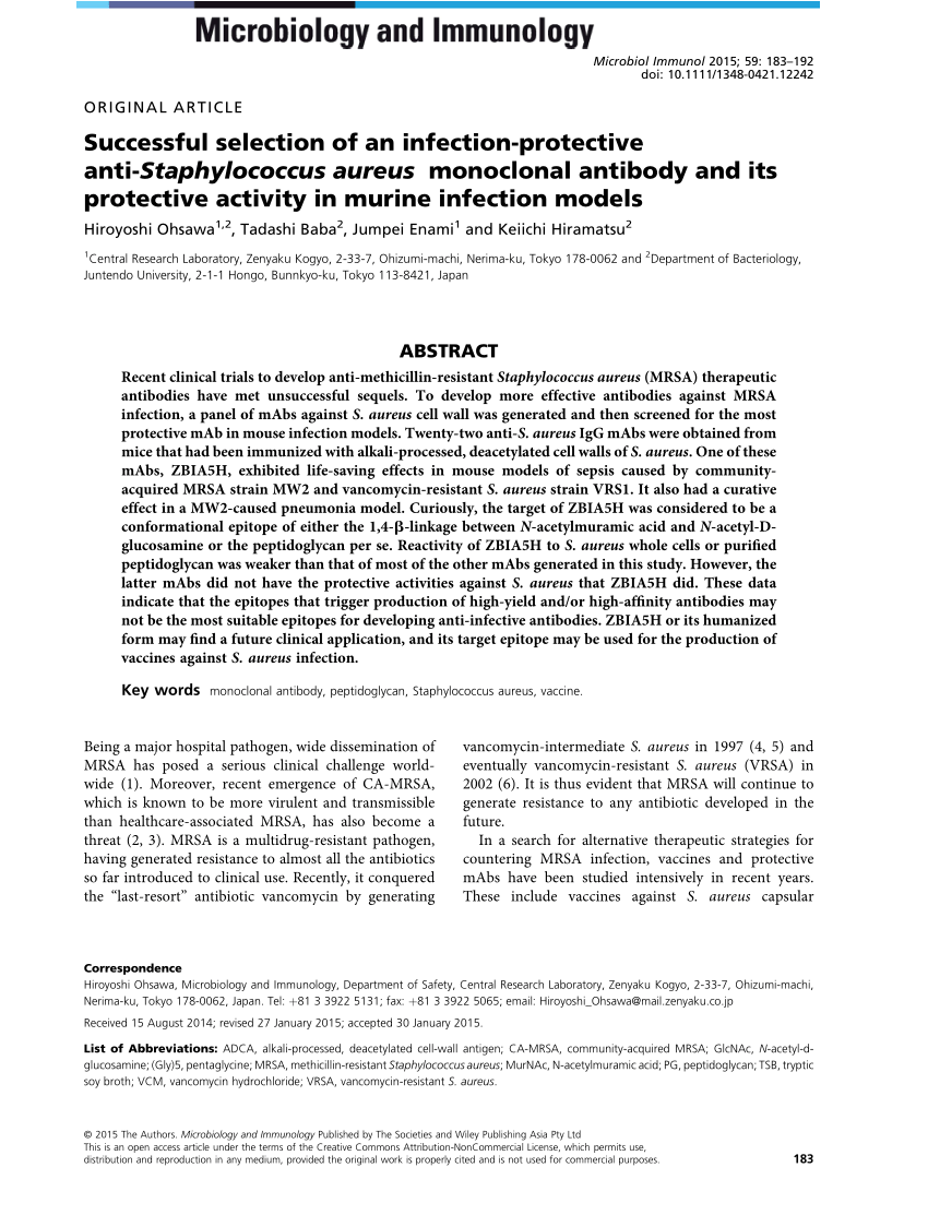 Pdf Successful Selection Of An Infection Protective Anti Staphylococcus Aureus Monoclonal Antibody And Its Protective Activity In Murine Infection Models Protective Antibody Against S Aureus