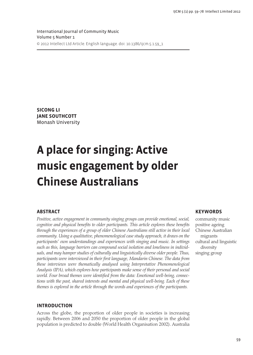 A place for singing: Active music engagement Chinese Australians