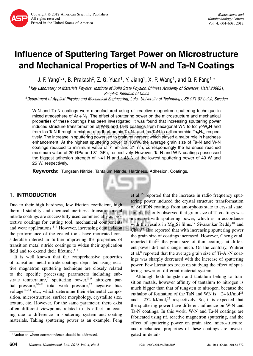 Pdf Influence Of Sputtering Target Power On Microstructure And Mechanical Properties Of W N And Ta N Coatings
