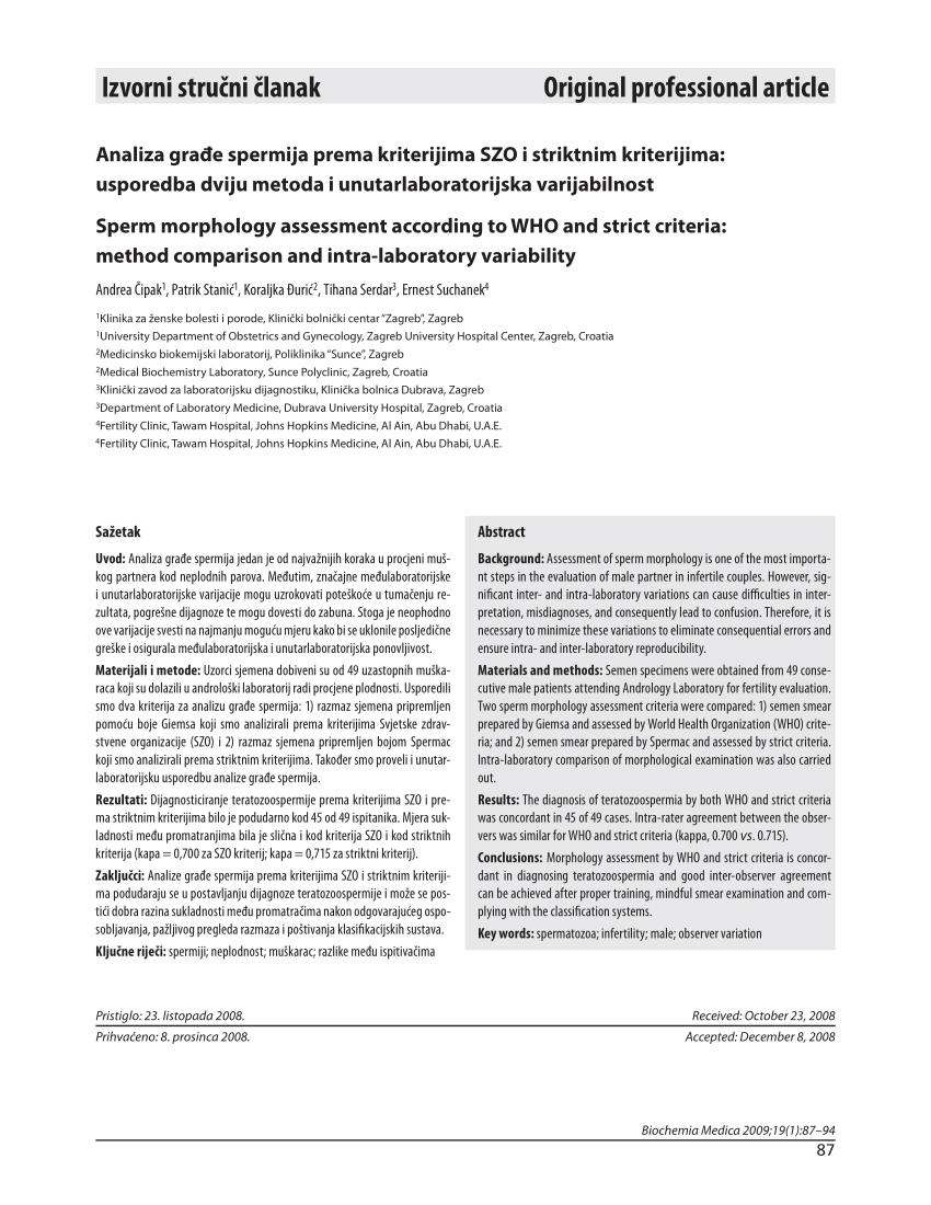 PDF) Analiza spermija prema kriterijima SZO i striktnim kriterijima: usporedba dviju metoda i unutarlaboratorijska varijabilnost