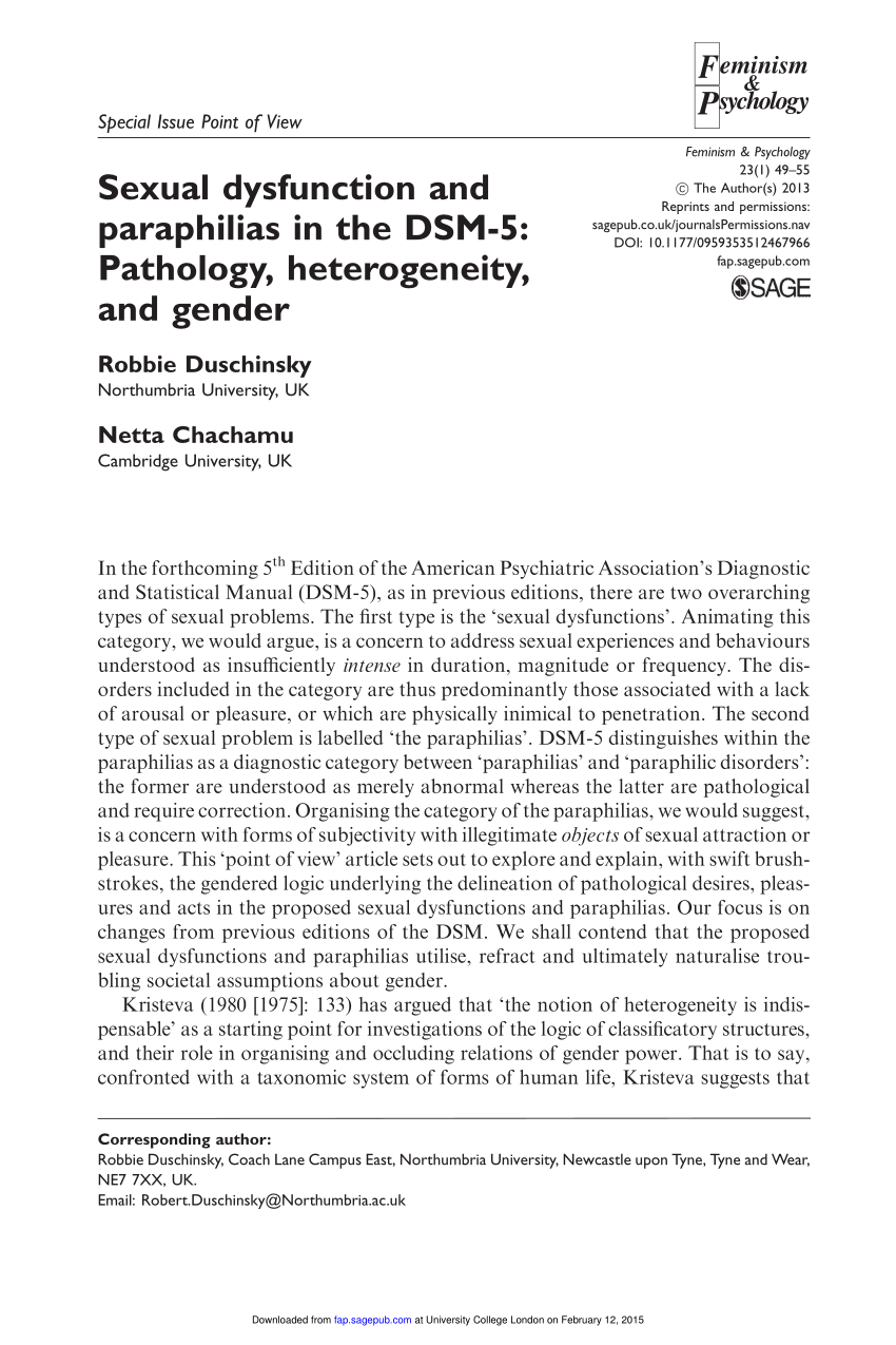 PDF) Sexual dysfunction and paraphilias in the DSM-5: Pathology,  heterogeneity, and gender