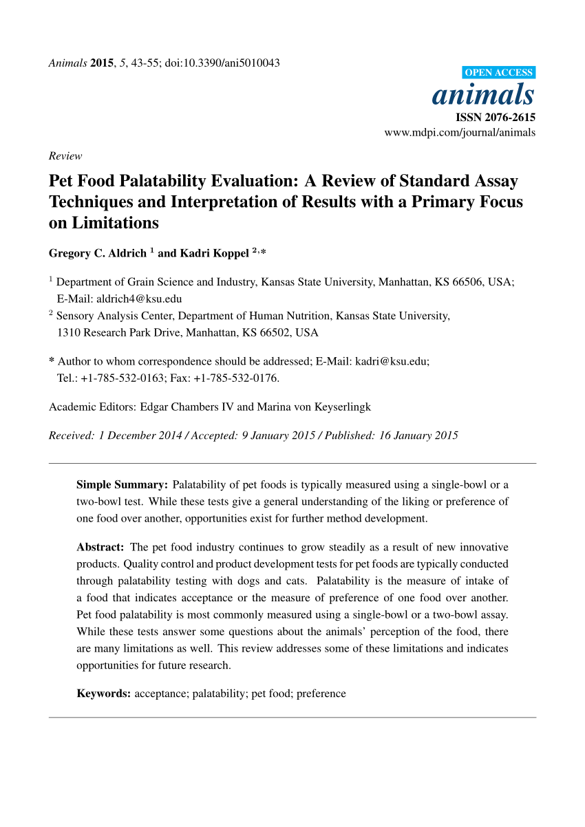 PDF) Pet Food Palatability Evaluation: A Review of Standard Assay  Techniques and Interpretation of Results with a Primary Focus on Limitations