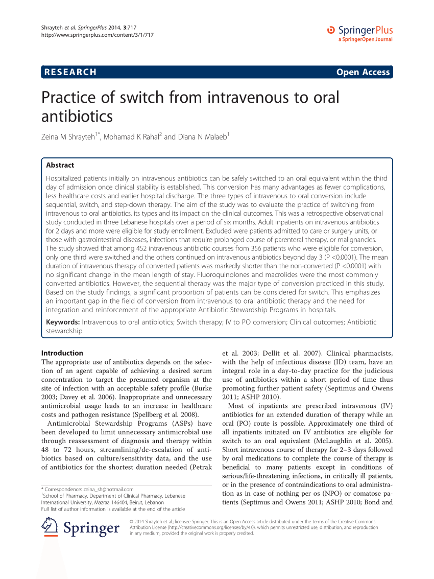 (PDF) Practice of switch from intravenous to oral antibiotics