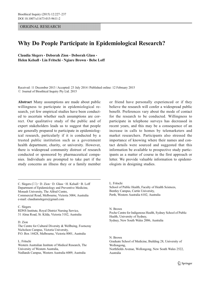 Pdf Why Do People Participate In Epidemiological Research