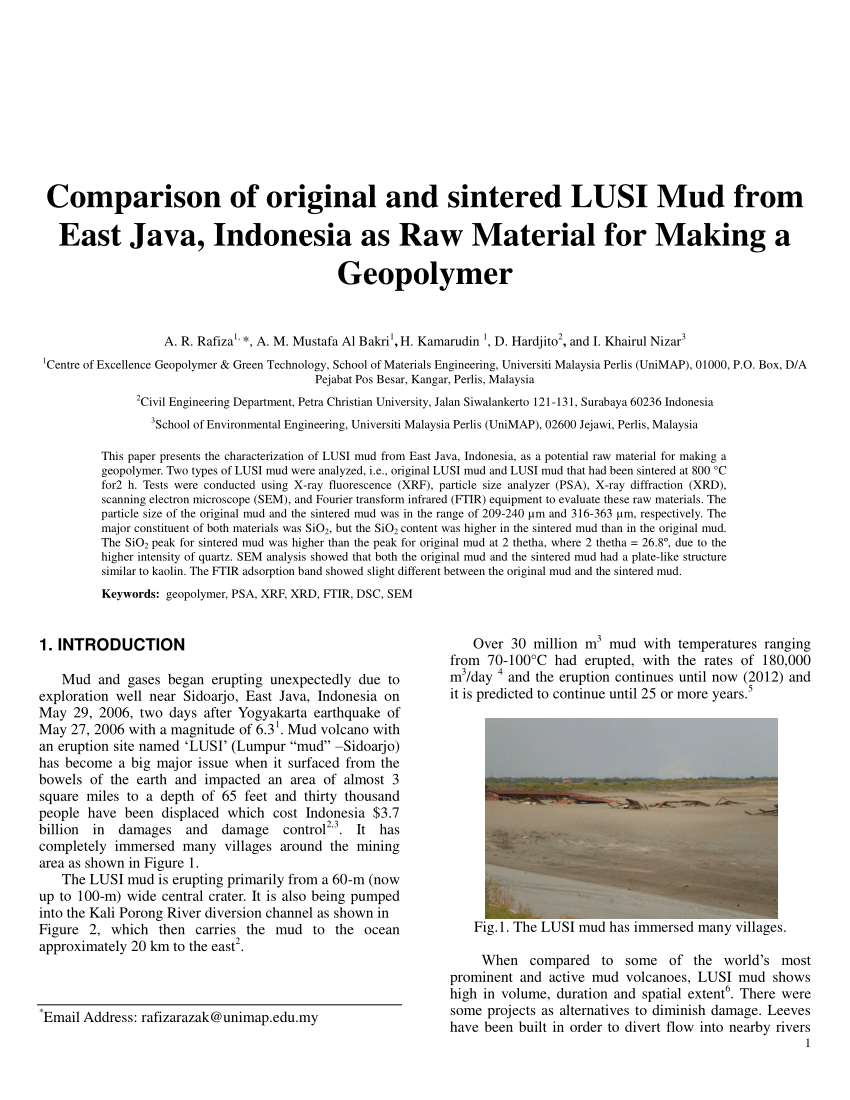 Pdf Comparison Of Original And Sintered Lusi Mud From East Java Indonesia As Raw Material For Making A Geopolymer