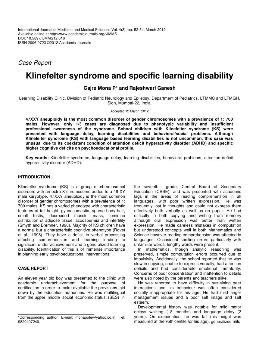 Pdf Klinefelter Syndrome And Specific Learning
