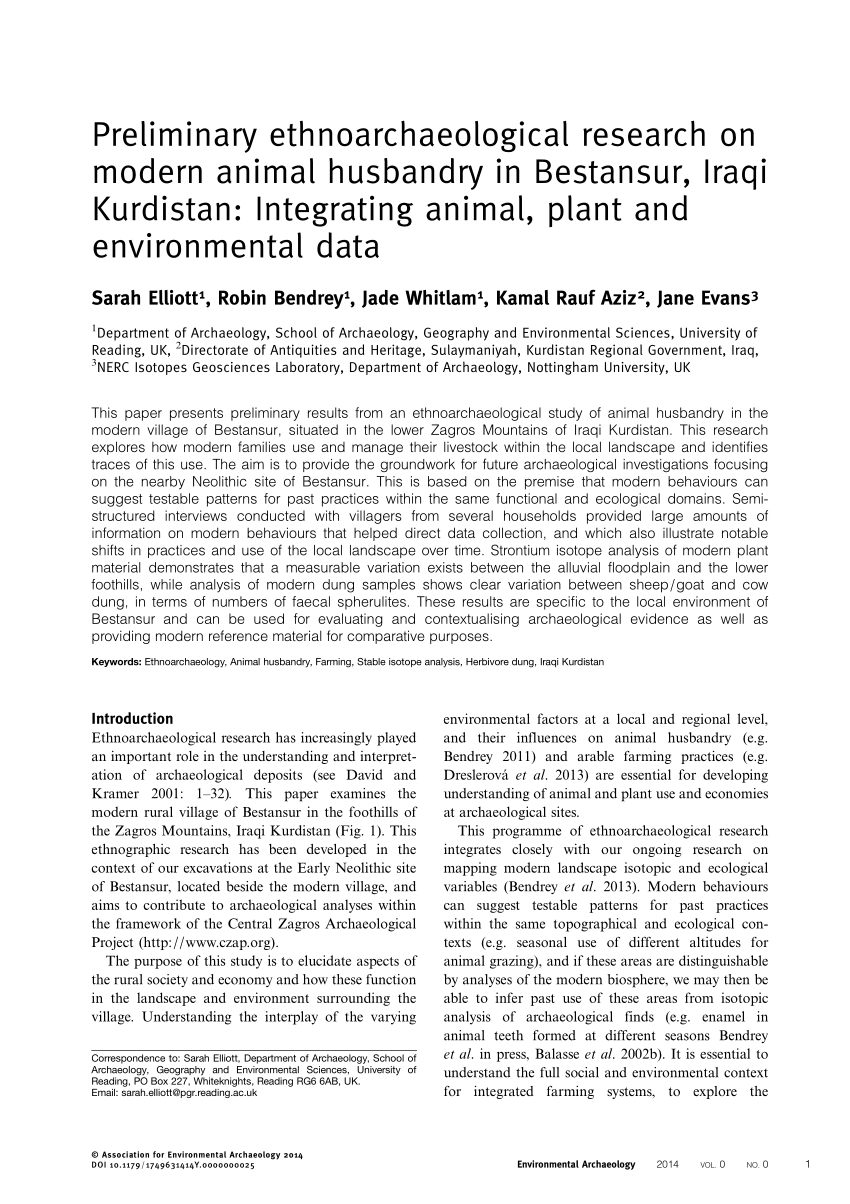 PDF) Preliminary ethnoarchaeological research on modern animal husbandry in  Bestansur, Iraqi Kurdistan: Integrating animal, plant and environmental data