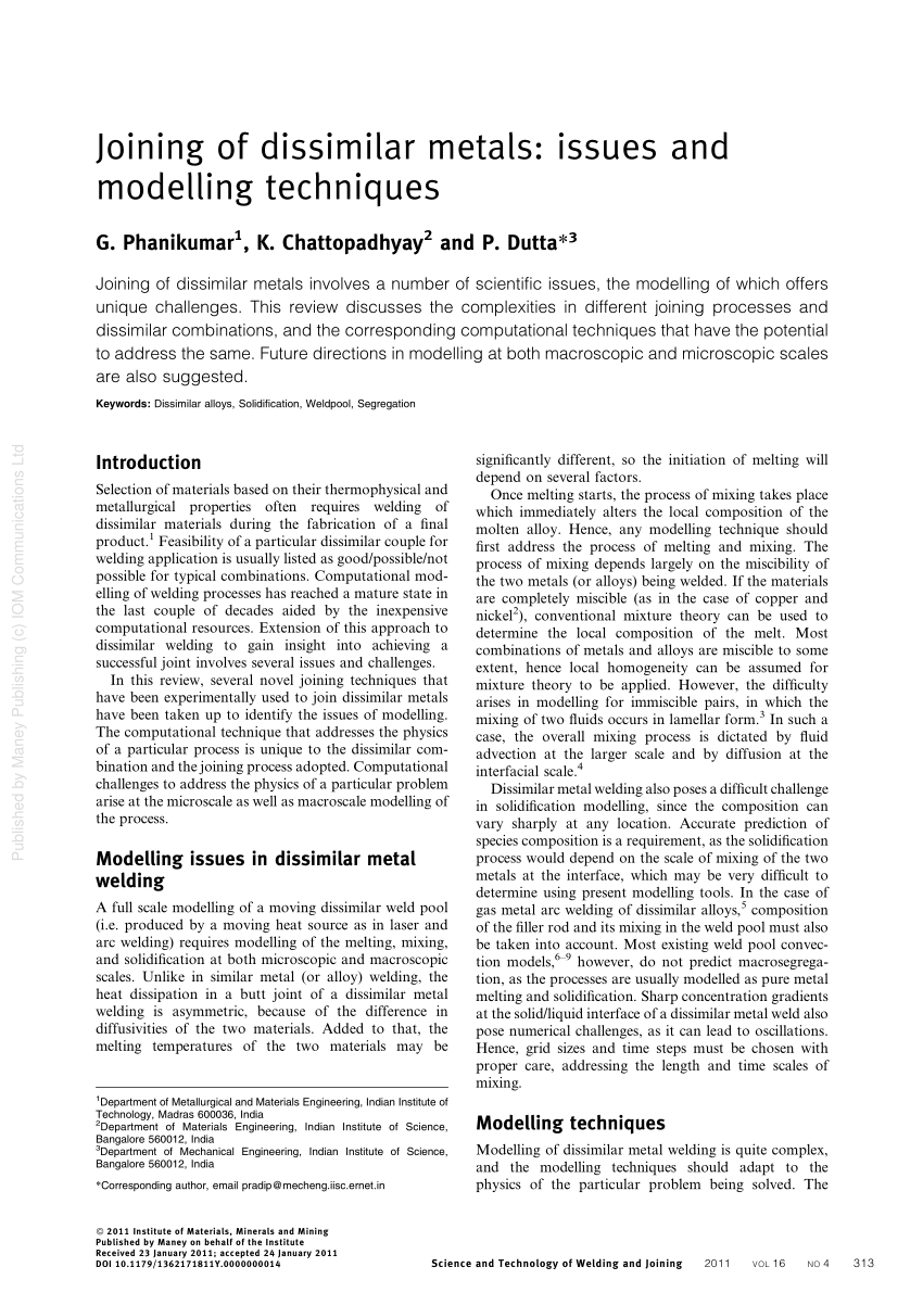 Pdf Joining Of Dissimilar Metals Issues And Modelling Techniques