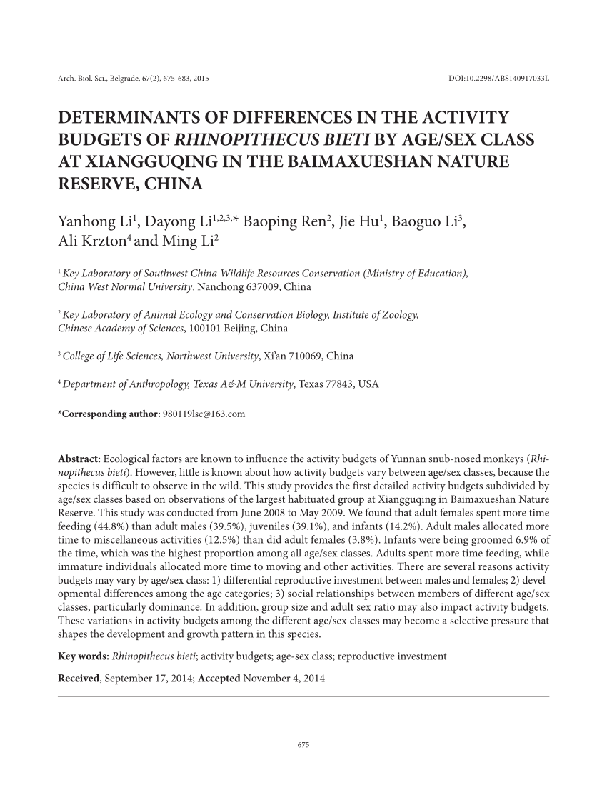 PDF) Determinants of differences in the activity budgets of Rhinopithecus  bieti by age/sex class at Xiangguqing in the Baimaxueshan nature reserve,  China