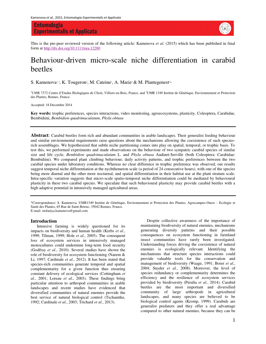 Pdf Behaviour Driven Micro Scale Niche Differentiation In Carabid Beetles