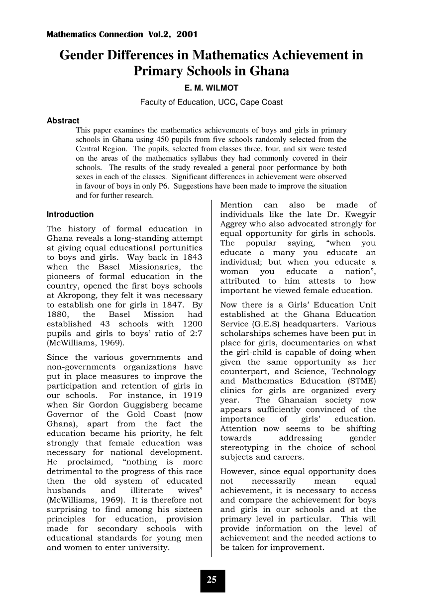 Pdf Gender Differences In Mathematics Achievement In Primary Schools In Ghana 3645