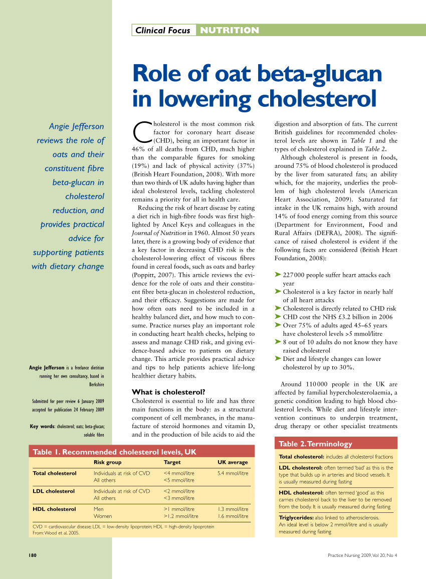 Pdf Role Of Oat Beta Glucan In Lowering Cholesterol