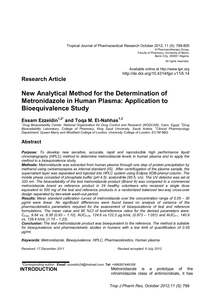 Pdf New Analytical Method For The Determination Of Metronidazole In Human Plasma Application To Bioequivalence Study