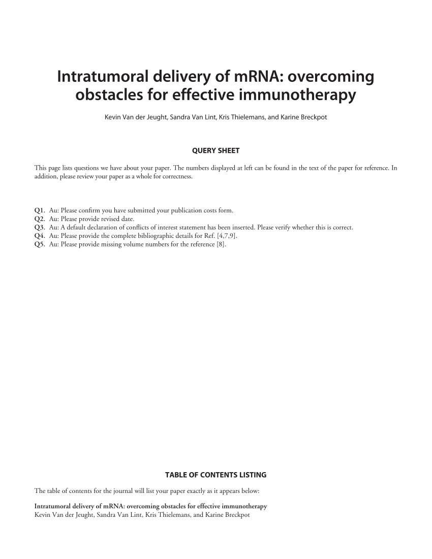 Pdf Intratumoral Delivery Of Mrna Overcoming Obstacles For Effective Immunotherapy