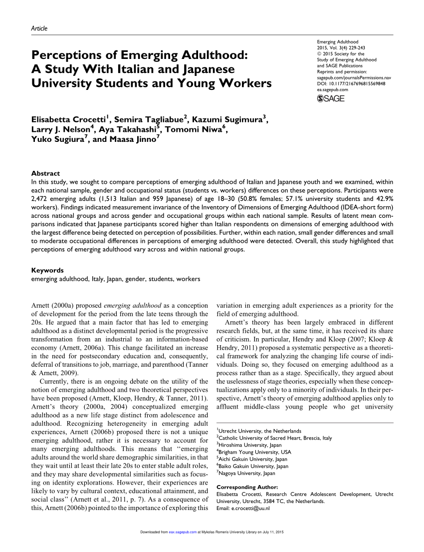 Pdf Perceptions Of Emerging Adulthood A Study With Italian And Japanese University Students And Young Workers