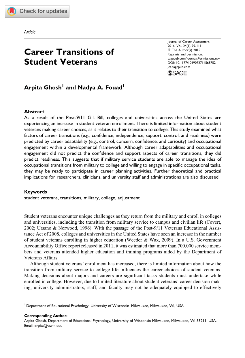 Pdf Career Transitions Of Student Veterans