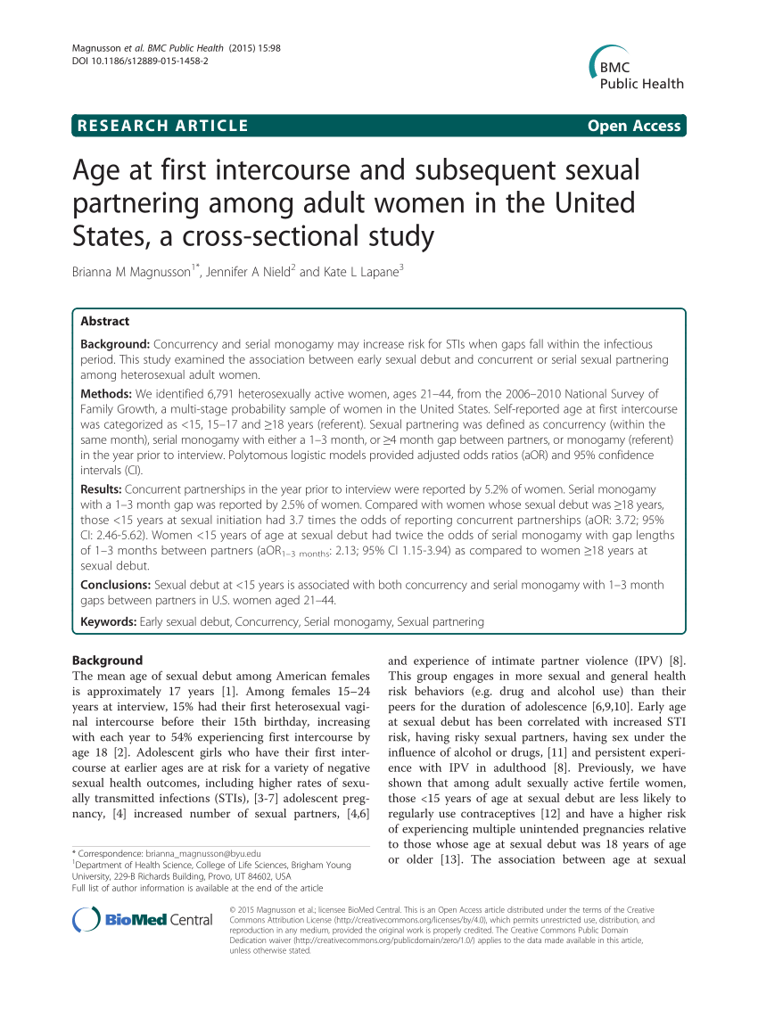 Pdf Age At First Intercourse And Subsequent Sexual Partnering Among Adult Women In The United 1638
