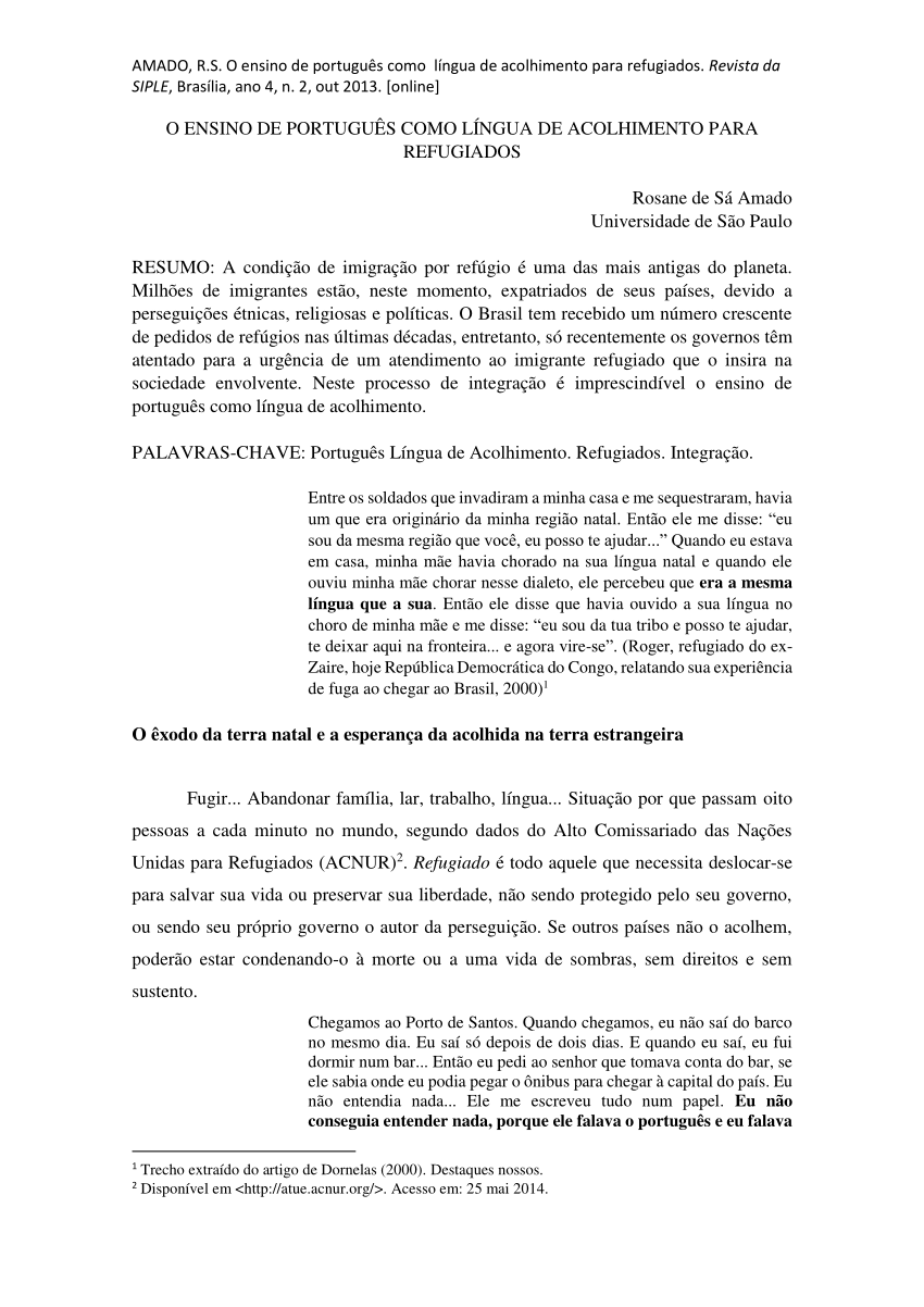 PDF) (DISSERTAÇÃO) SUBSÍDIOS PARA O PLANEJAMENTO DE CURSOS DE PORTUGUÊS  COMO LÍNGUA DE ACOLHIMENTO PARA IMIGRANTES DESLOCADOS FORÇADOS NO BRASIL