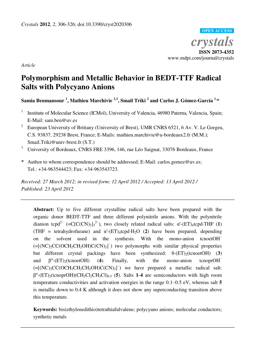 Pdf Polymorphism And Metallic Behavior In Bedt Ttf Radical Salts With Polycyano Anions