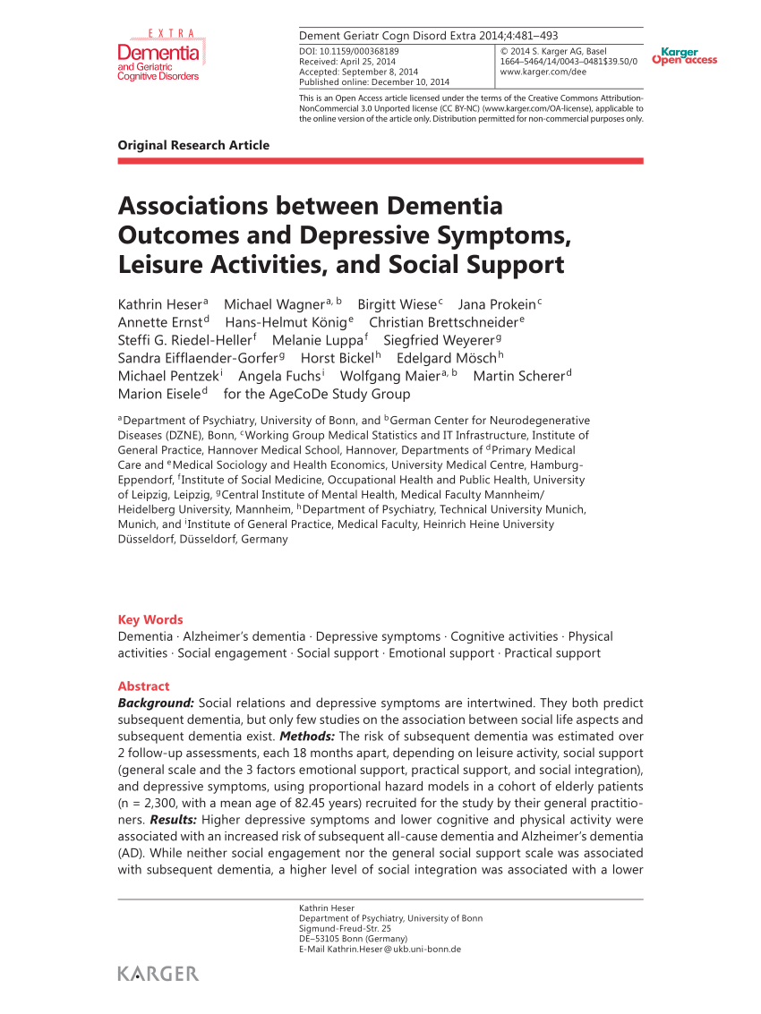 Pdf Associations Between Dementia Outcomes And Depressive Symptoms Leisure Activities And Social Support