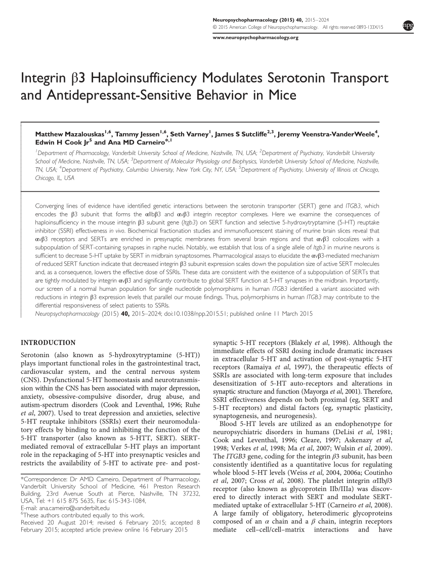 PDF) Integrin β3 Haploinsufficiency Modulates Serotonin Transport 