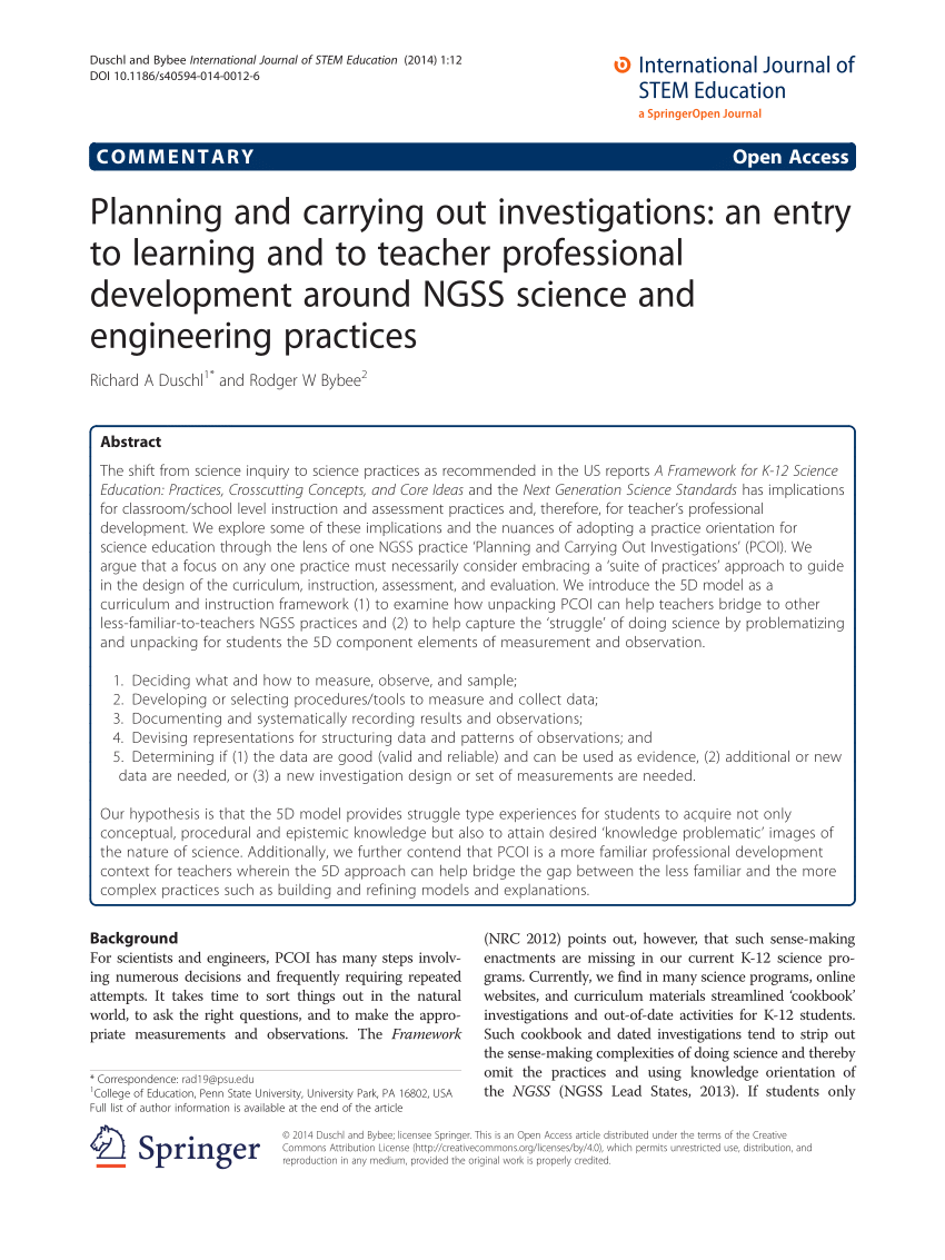 Pdf Planning And Carrying Out Investigations An Entry To Learning And To Teacher Professional Development Around Ngss Science And Engineering Practices