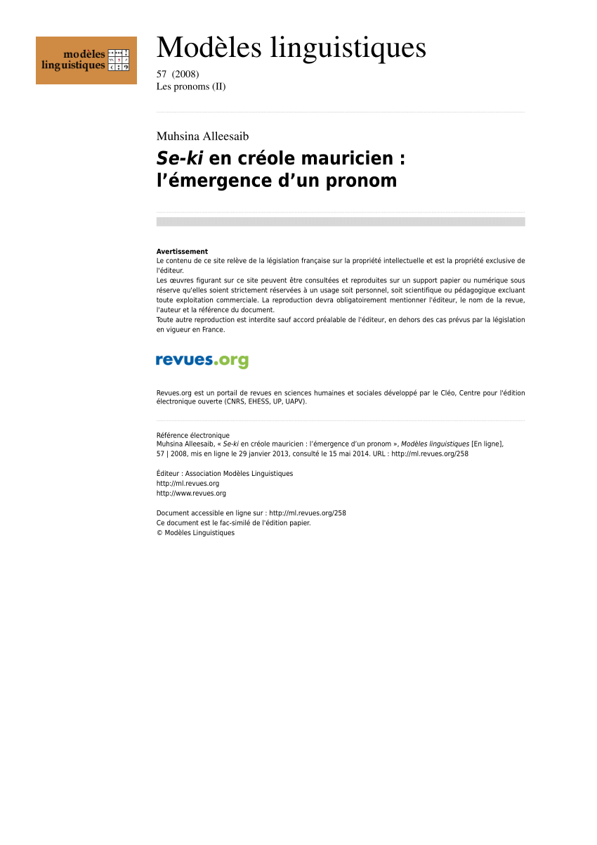 Pdf Se Ki En Creole Mauricien