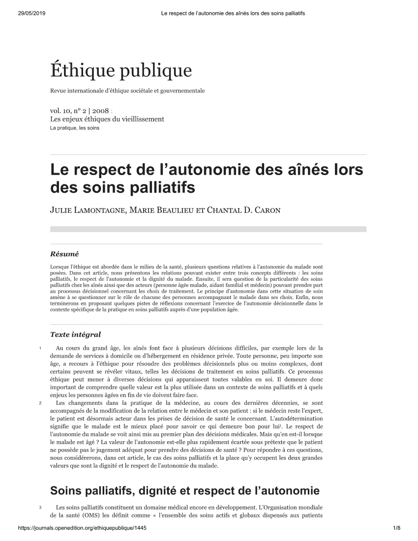 Pdf Le Respect De L Autonomie Des Aines Lors Des Soins Palliatifs