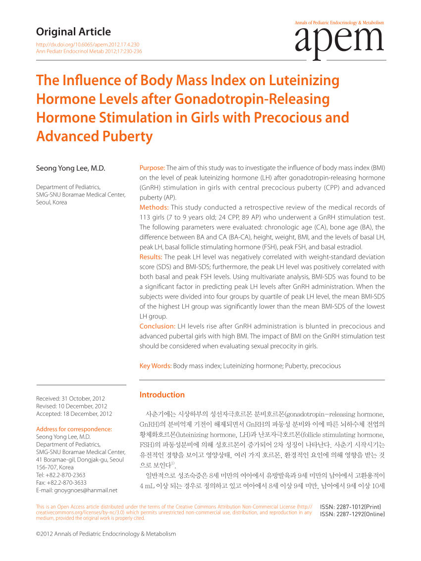 Pdf The Influence Of Body Mass Index On Luteinizing Hormone Levels After Gonadotropin