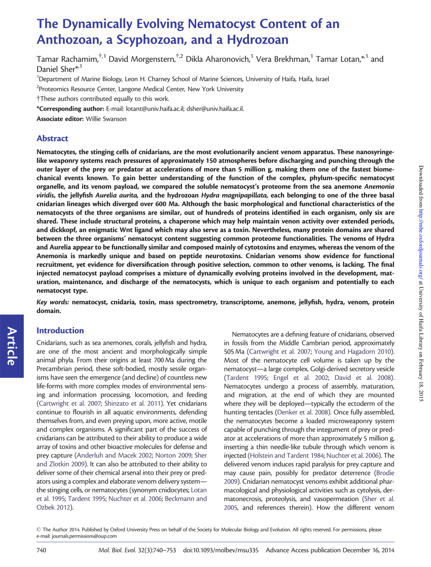 PDF) The Dynamically Evolving Nematocyst Content of an Anthozoan, a  Scyphozoan, and a Hydrozoan