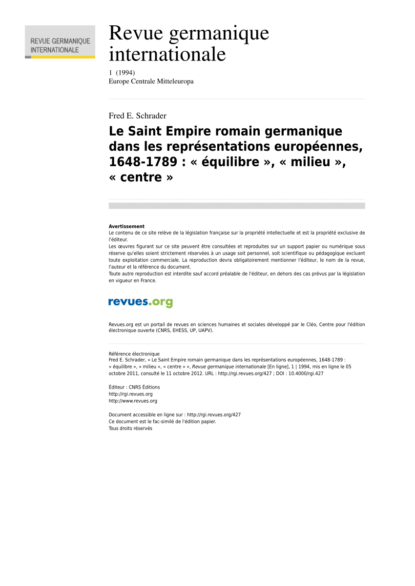 Pdf Le Saint Empire Romain Germanique Dans Les Representations Europeennes 1648 17 Equilibre Milieu Centre