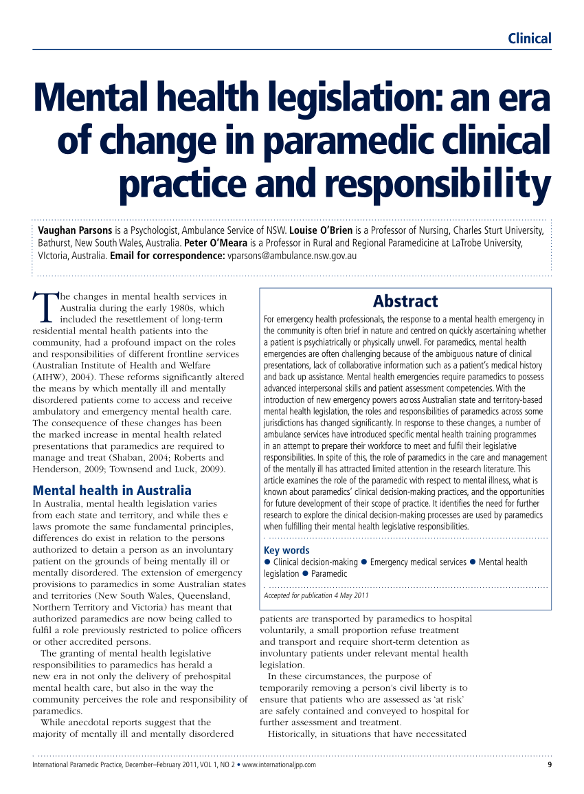 (PDF) Mental health legislation an era of change in paramedic clinical