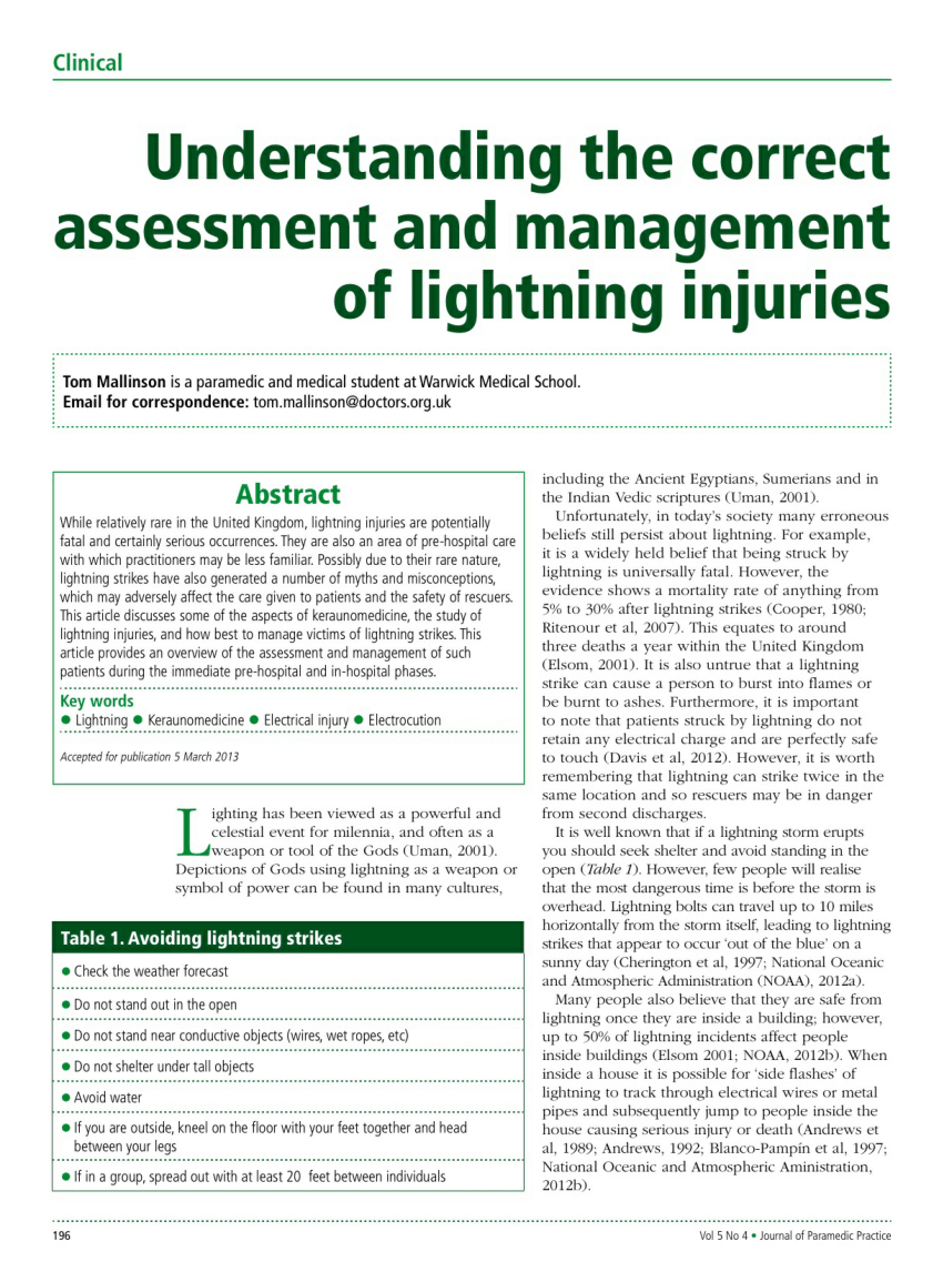 Pdf Understanding The Correct Assessment And Management Of Lightning Injuries 