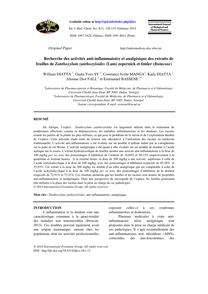 pdf recherche des activites anti inflammatoire et analgesique des extraits de feuilles de zanthoxylum zanthoxyloides lam zepernick et timler rutaceae