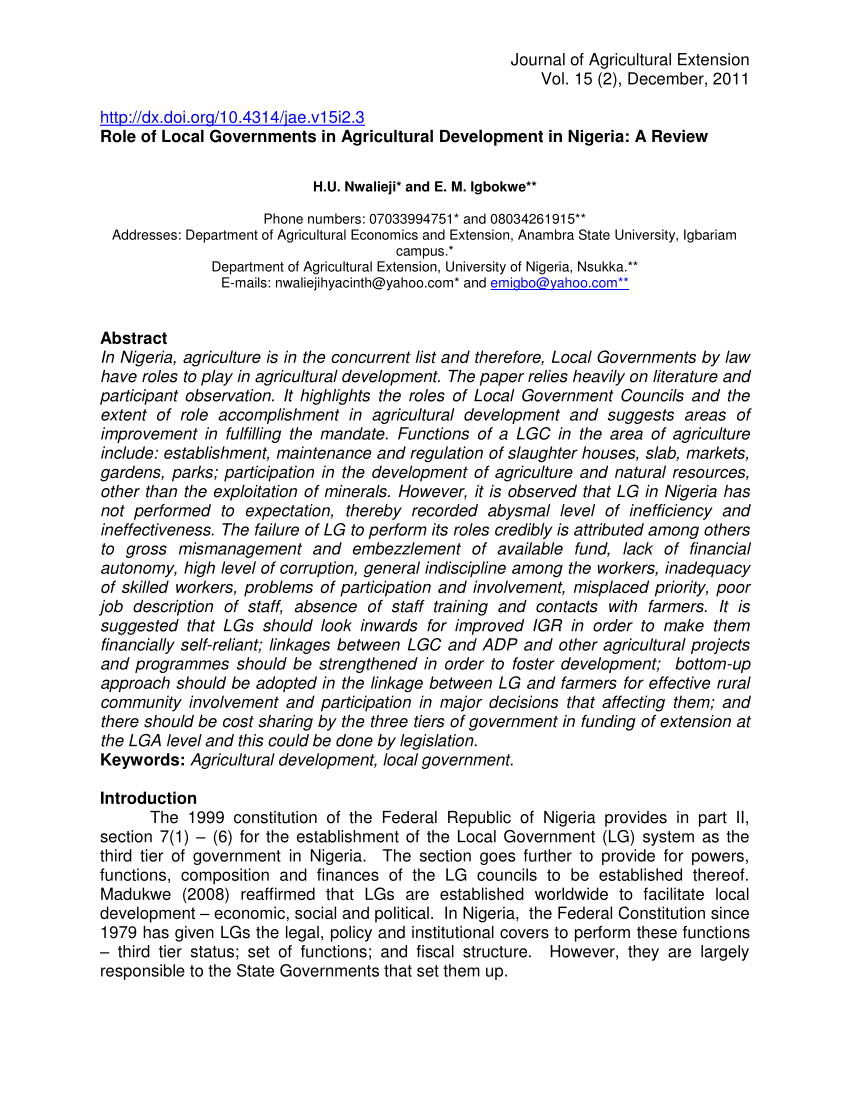 Pdf) Role Of Local Governments In Agricultural Development In Nigeria: A  Review