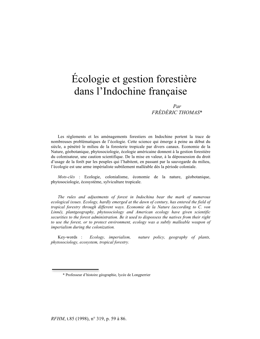 Pdf Ecologie Et Gestion Forestiere Dans L Indochine Francaise