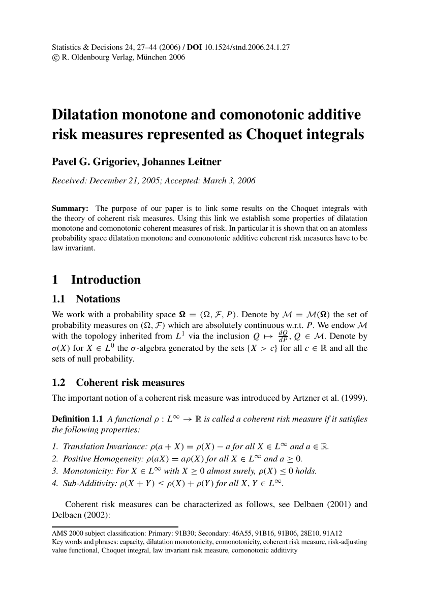 Pdf Dilatation Monotone And Comonotonic Additive Risk Measures Represented As Choquet Integrals