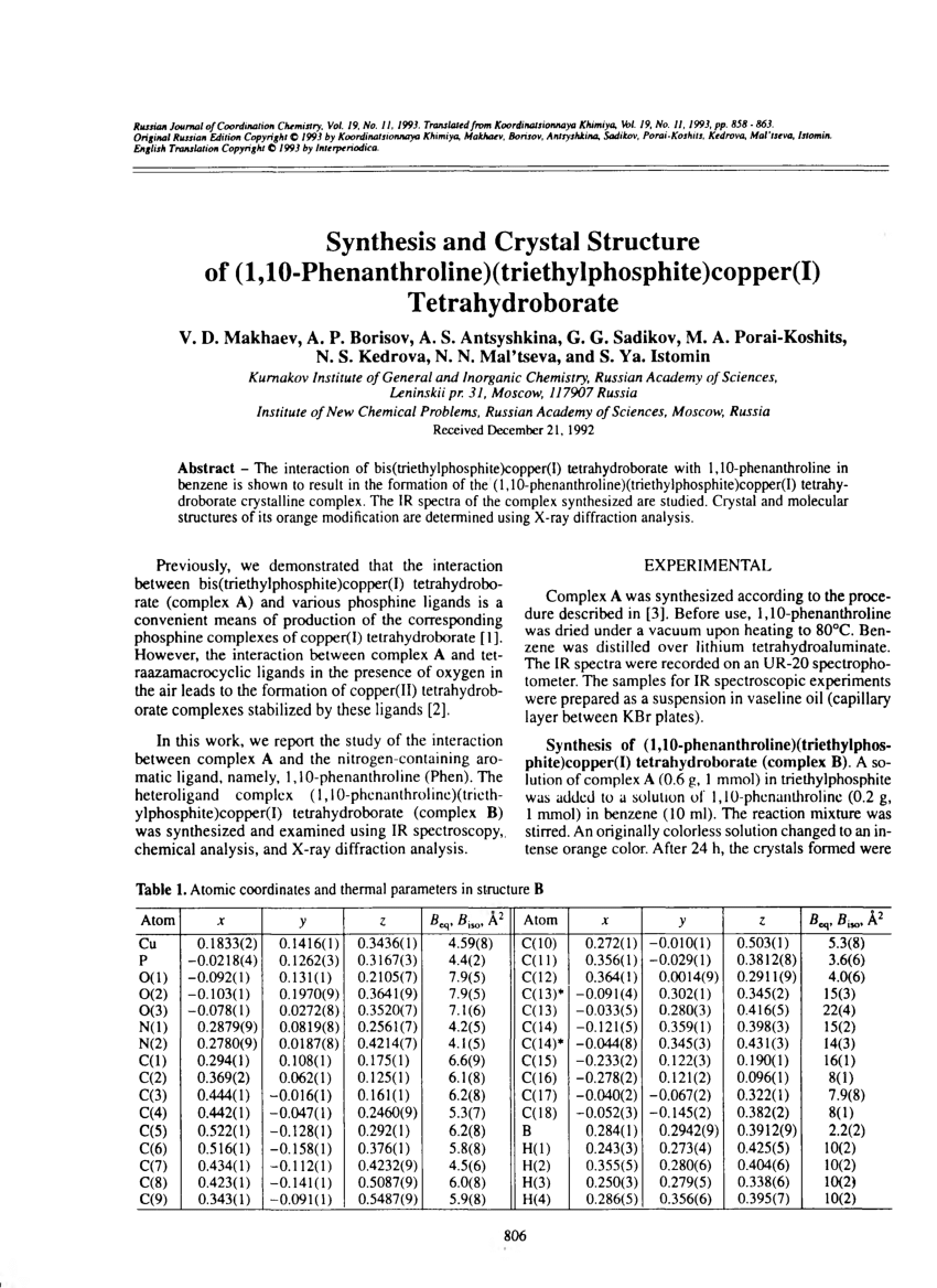 Pdf Synthesis And Crystal Structure Of L 10 Phenanthroline Triethyiphosphite Copper I Tetrahydroborate