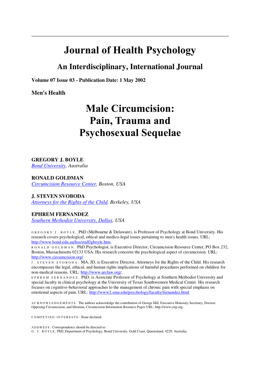 Pdf Male Circumcision Pain Trauma And Psychosexual Sequelae - 