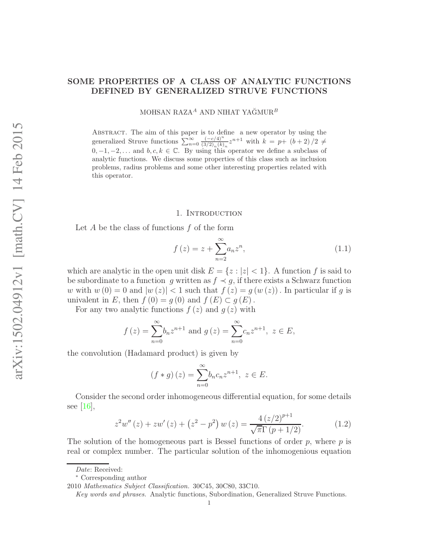 Pdf Some Properties Of A Class Of Analytic Functions Defined By Generalized Struve Functions