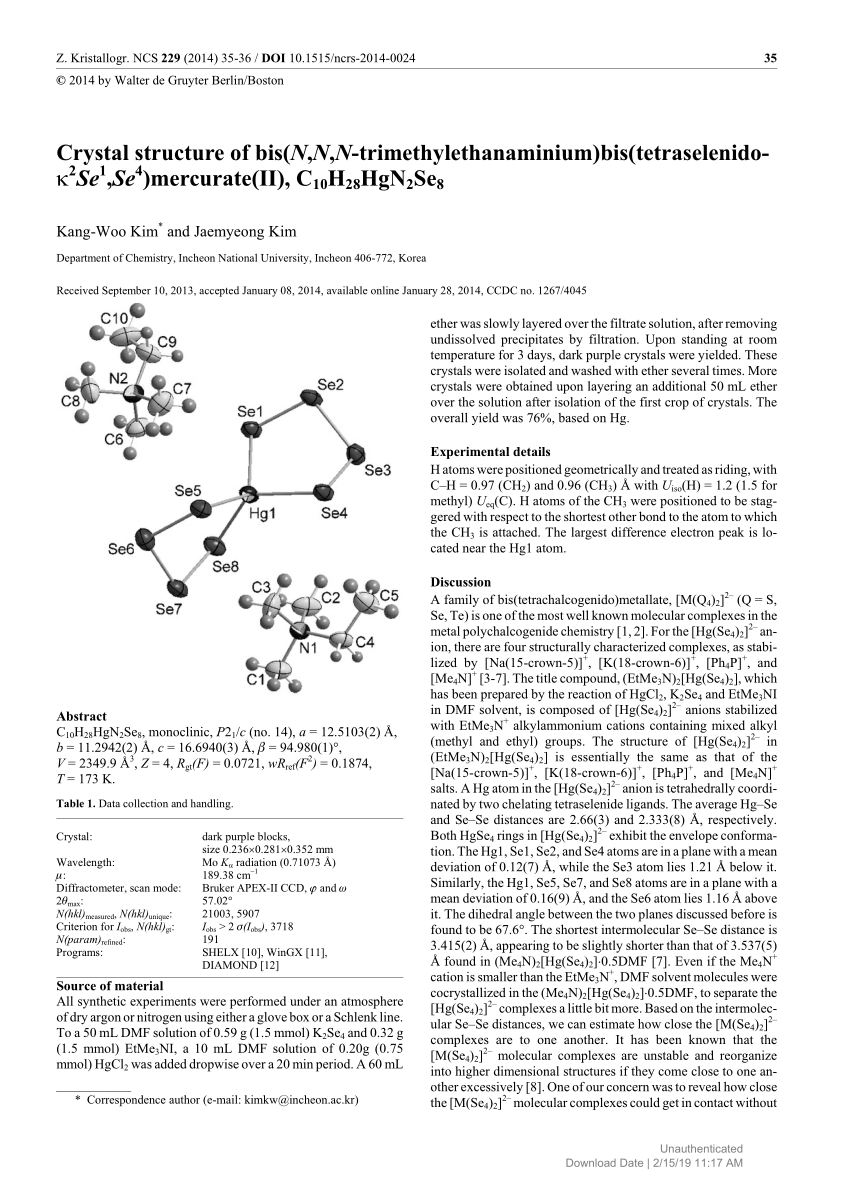 Pdf Crystal Structure Of Bis N N N Trimethylethanaminium Bis Tetraselenido K2se1 Se4 Mercurate Ii C10h28hgn2se8
