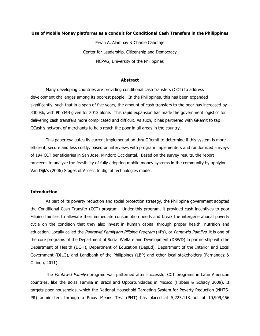 Pdf Use Of Mobile Money Platforms As A Conduit For Conditional Cash Transfers In The Philippines