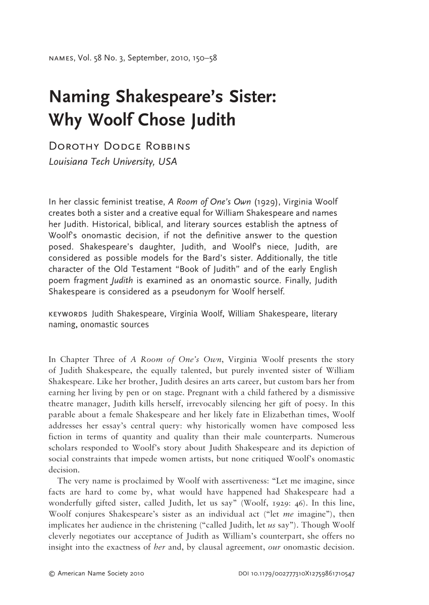 Pdf) Naming Shakespeare'S Sister: Why Woolf Chose Judith