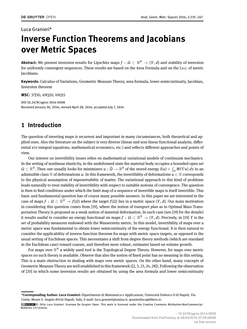 PDF Inverse Function Theorems and Jacobians over Metric Spaces