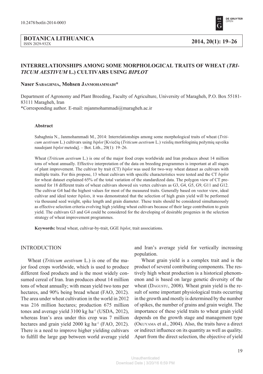 Pdf Interrelationships Among Some Morphological Traits Of Wheat Triticum Aestivum L Cultivars Using Biplot