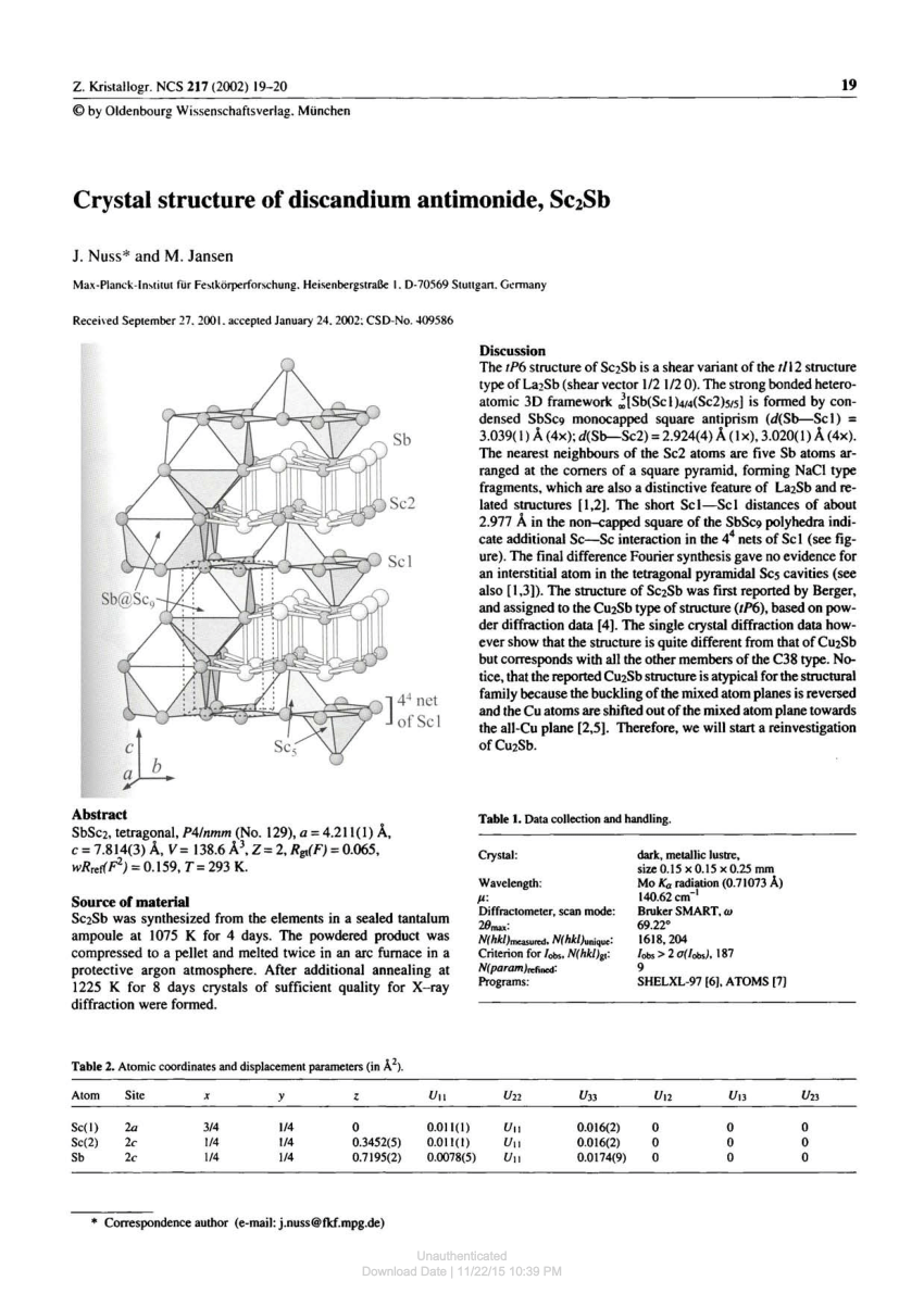 Pdf Crystal Structure Of Discandium Antimonide Sc2sb