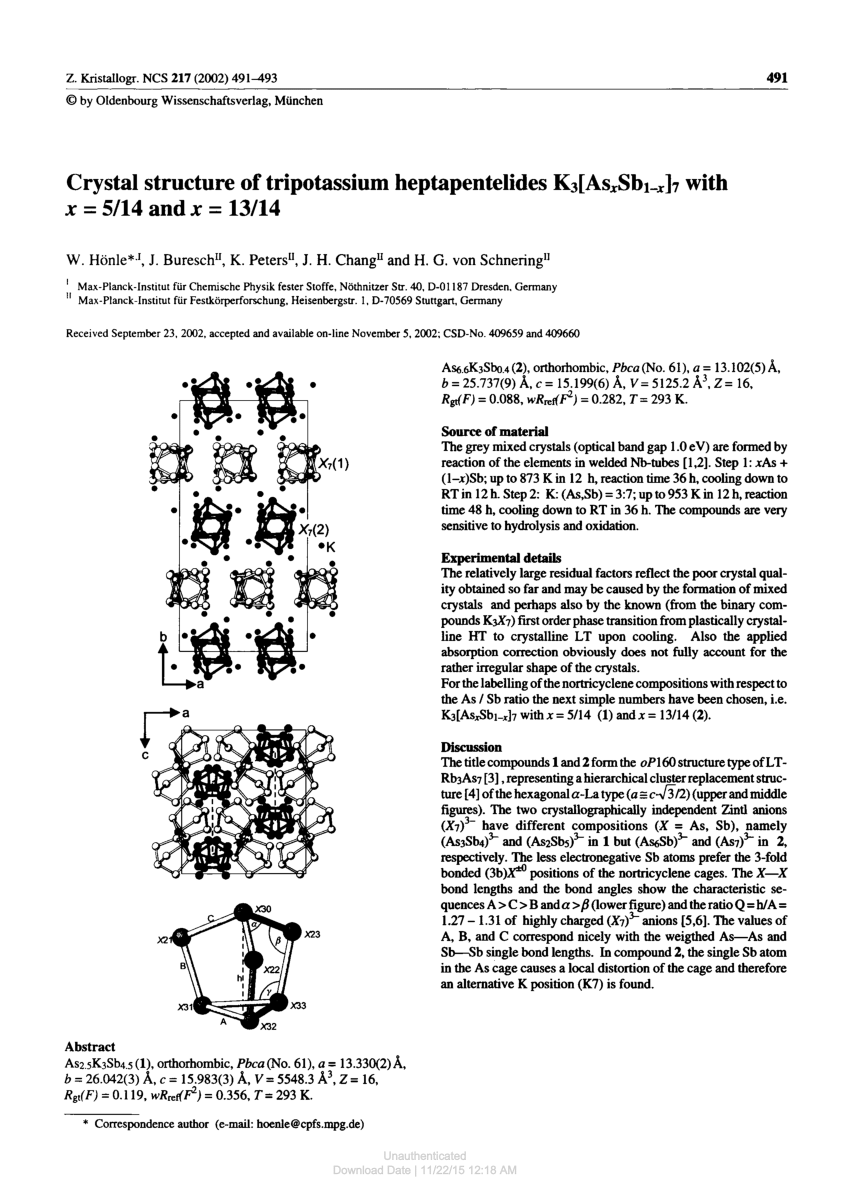 Pdf Crystal Structure Of Tripotassium Heptapentelides K3 Asxsb1 X 7 With X 5 14 And X 13 14