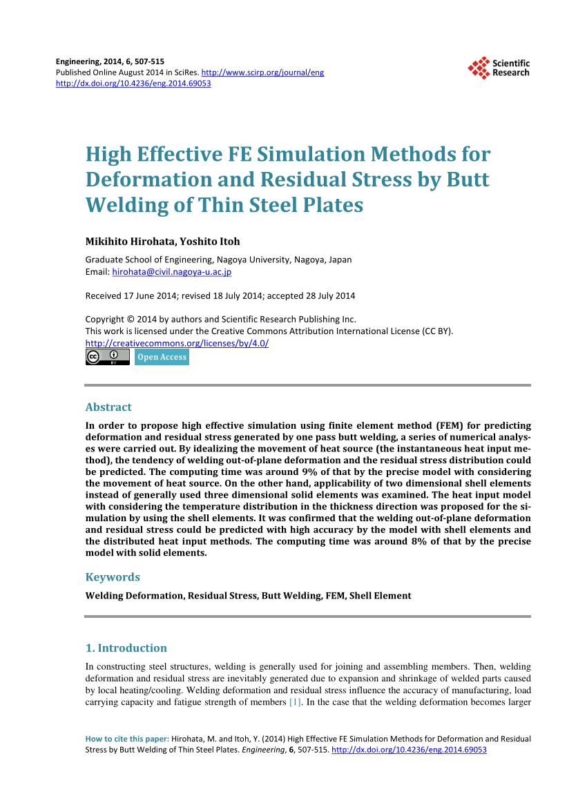 Pdf High Effective Fe Simulation Methods For Deformation And Residual Stress By Butt Welding Of Thin Steel Plates