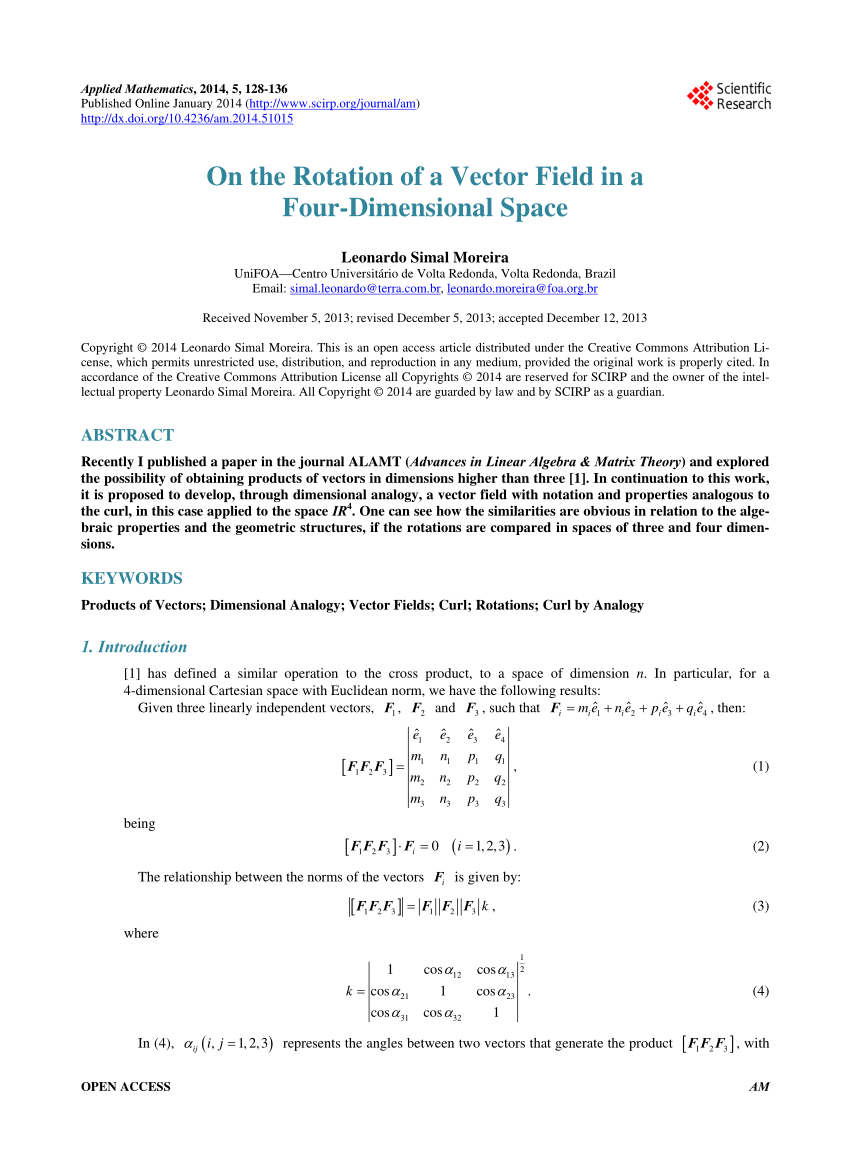 Pdf On The Rotation Of A Vector Field In A Four Dimensional Space